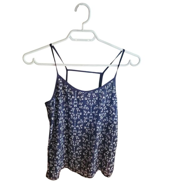 Divided Blue and White Tank With Florals and Eiffel Tower Print - Picture 1 of 1